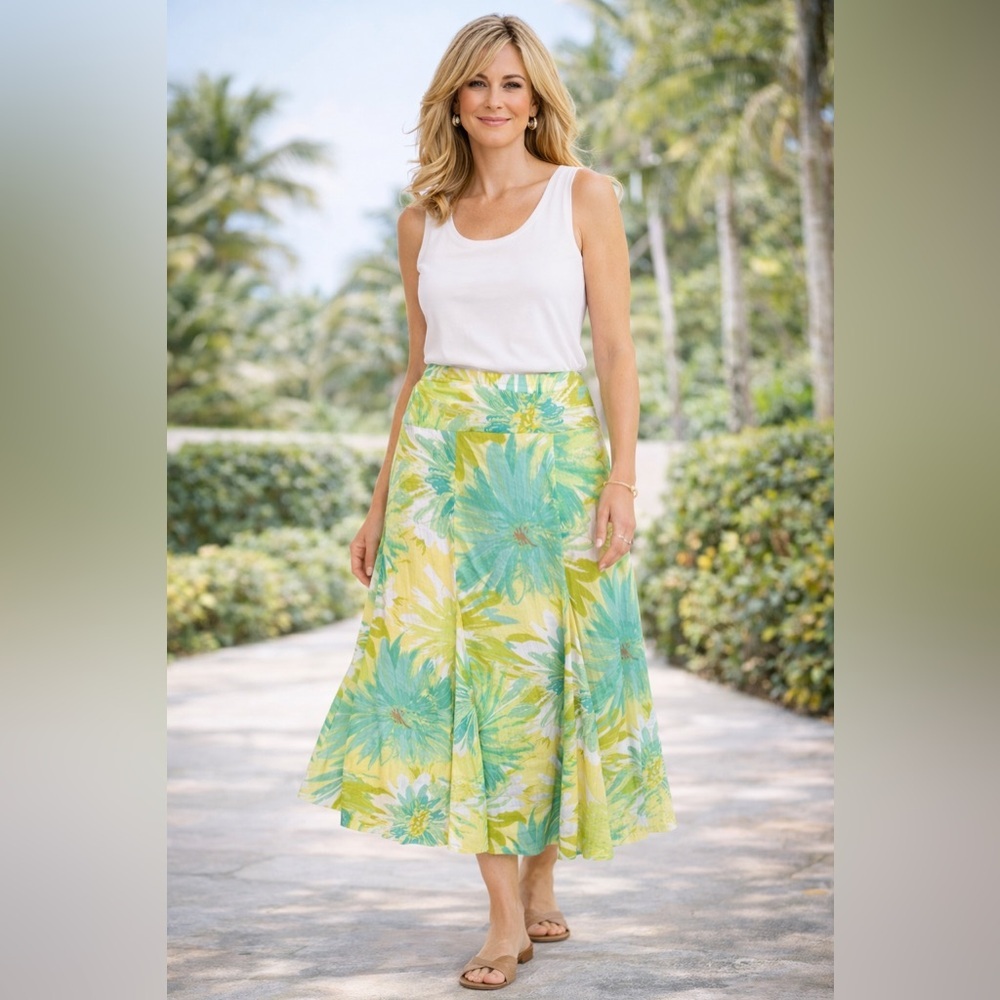 Ruby Rd. Floral Midi Skirt Size 14 Lime Aqua Yellow A-Line